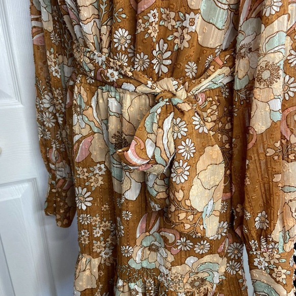 Ryegrass Large High Neck Long Sleeve Fit Flare Dress Mod Retro Rust Brown Floral - Picture 8 of 13